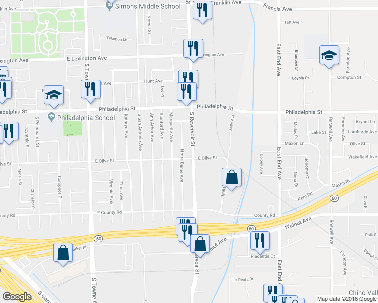 map of restaurants, bars, coffee shops, grocery stores, and more near 2283 South Reservoir Street in Pomona