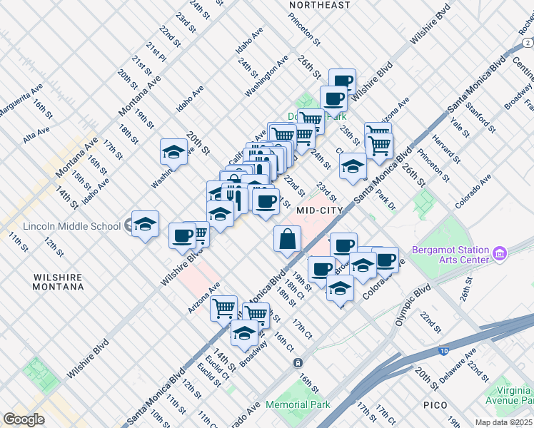 map of restaurants, bars, coffee shops, grocery stores, and more near in Santa Monica