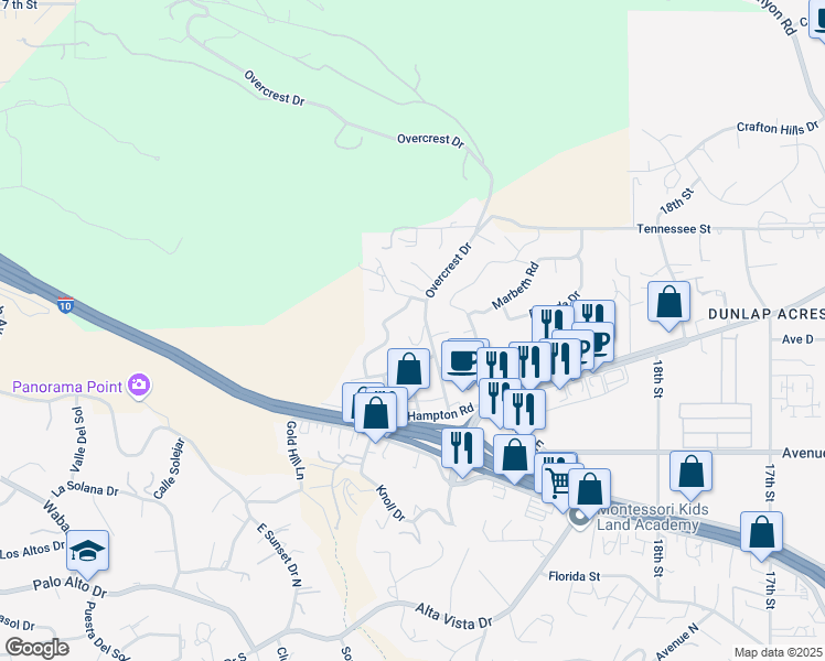 map of restaurants, bars, coffee shops, grocery stores, and more near 12270 Overcrest Drive in Yucaipa