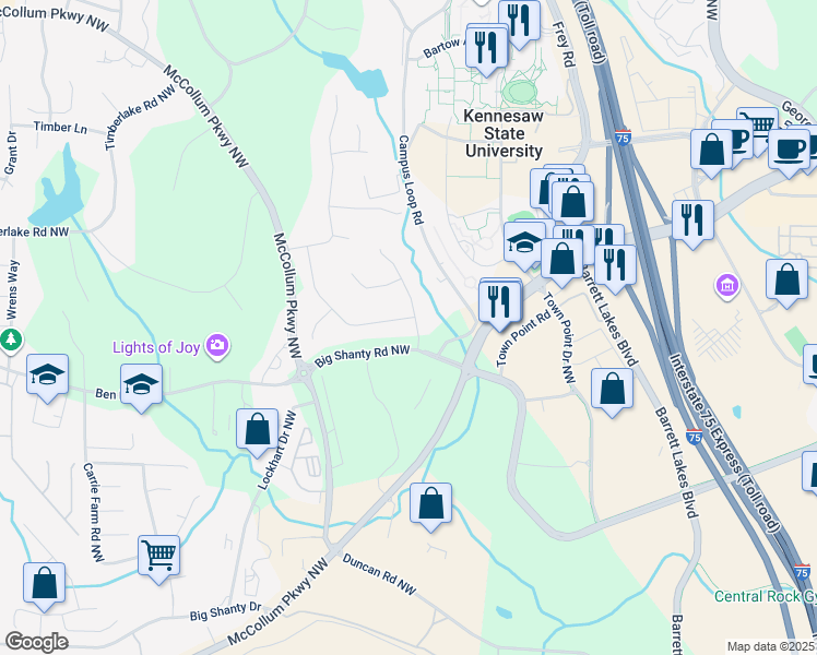 map of restaurants, bars, coffee shops, grocery stores, and more near 1219 Settlebench Lane in Kennesaw