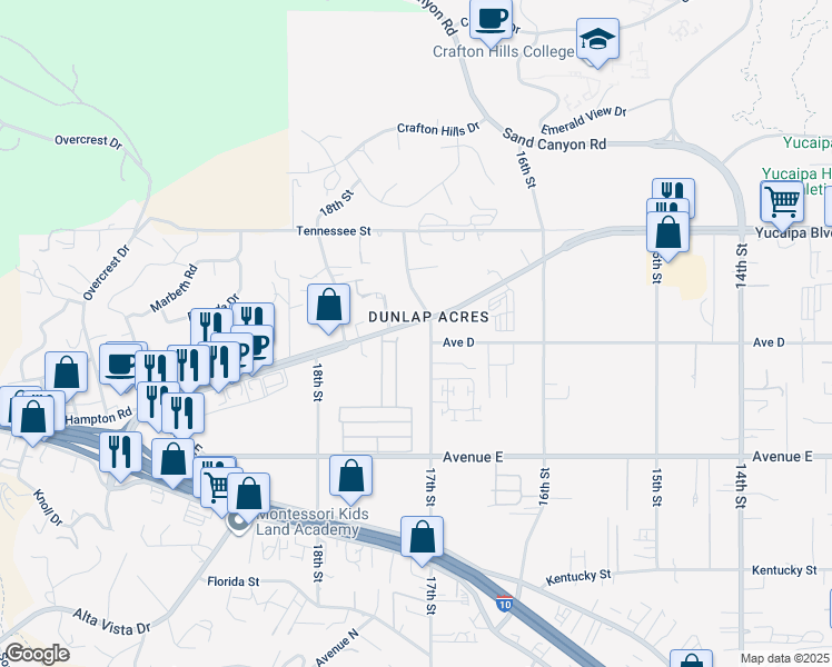 map of restaurants, bars, coffee shops, grocery stores, and more near 31921 Yucaipa Boulevard in Yucaipa