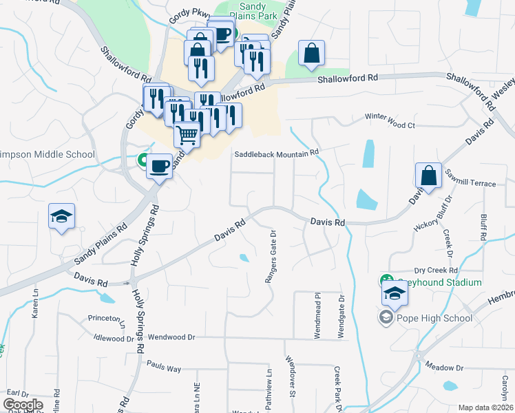 map of restaurants, bars, coffee shops, grocery stores, and more near 3101 Davis Road in Marietta