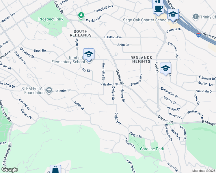 map of restaurants, bars, coffee shops, grocery stores, and more near 1616 Elizabeth Street in Redlands