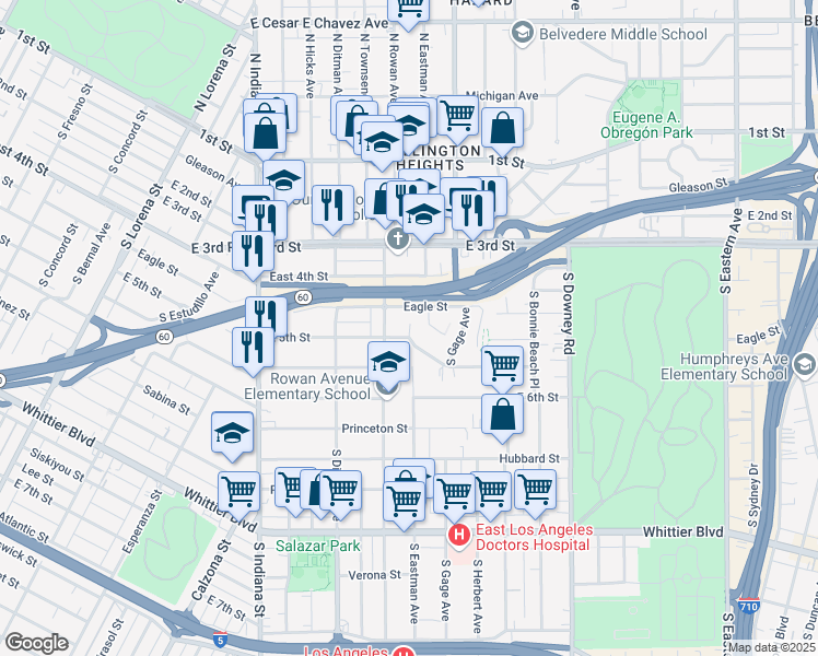 map of restaurants, bars, coffee shops, grocery stores, and more near 3829 1/2 East 5th Street in Los Angeles