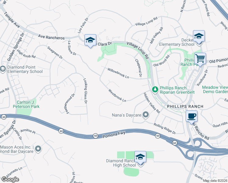 map of restaurants, bars, coffee shops, grocery stores, and more near 53 Westbrook Lane in Pomona