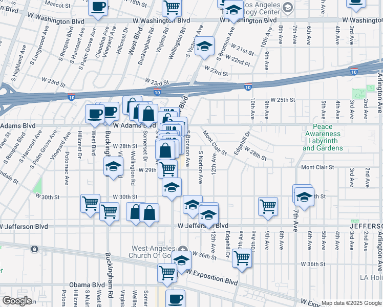 map of restaurants, bars, coffee shops, grocery stores, and more near 2822 South Bronson Avenue in Los Angeles