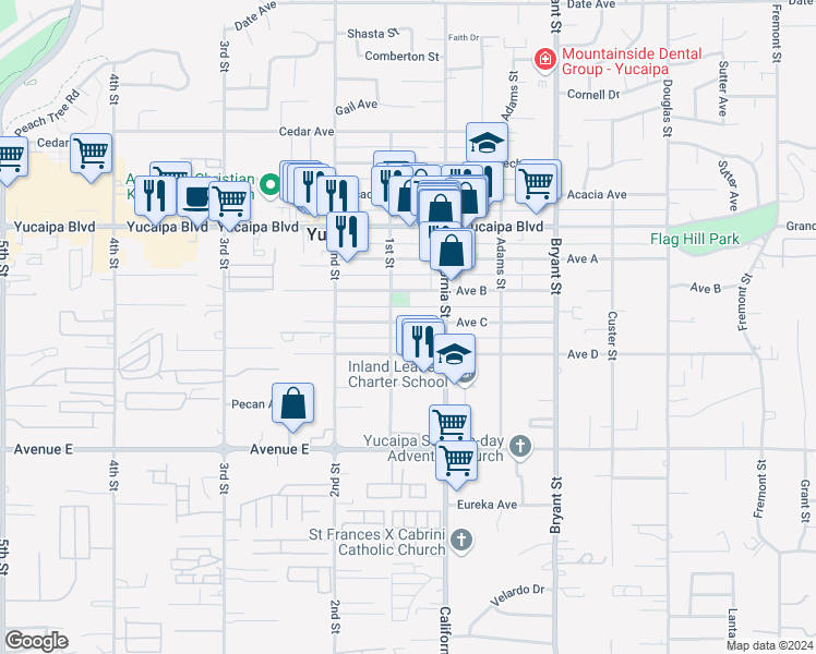 map of restaurants, bars, coffee shops, grocery stores, and more near 35019 Avenue C in Yucaipa