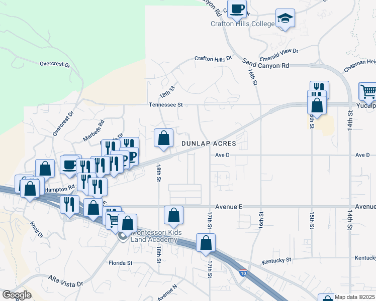 map of restaurants, bars, coffee shops, grocery stores, and more near 31836 Yucaipa Boulevard in Yucaipa