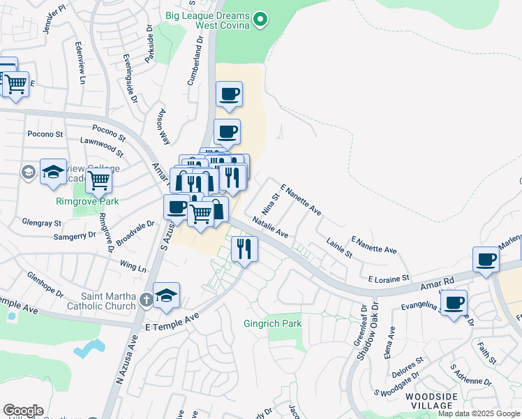 map of restaurants, bars, coffee shops, grocery stores, and more near 2446 South Nadine Street in West Covina