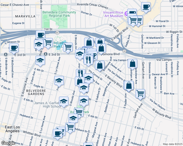 map of restaurants, bars, coffee shops, grocery stores, and more near 5220 Via Corona Street in Los Angeles