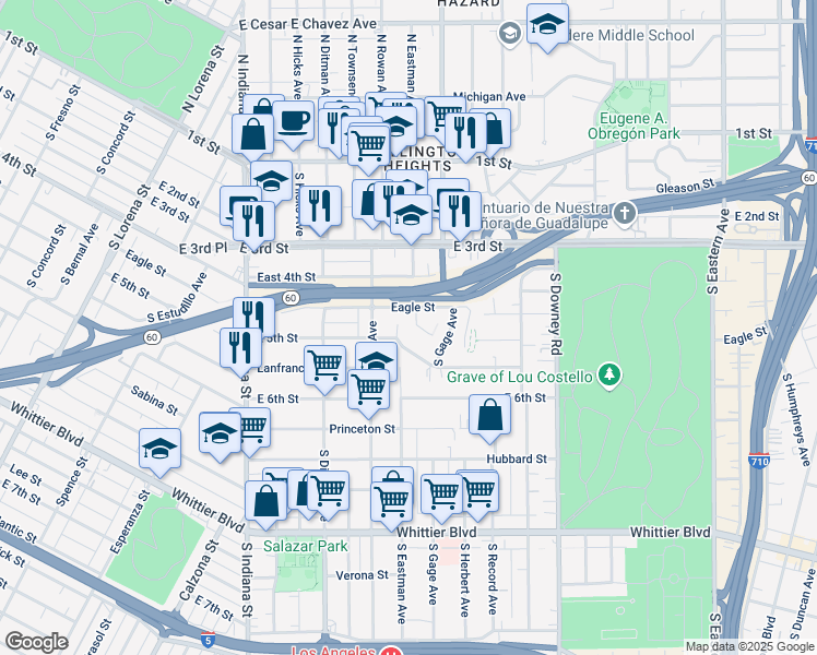 map of restaurants, bars, coffee shops, grocery stores, and more near 3829 1/2 East 5th Street in Los Angeles