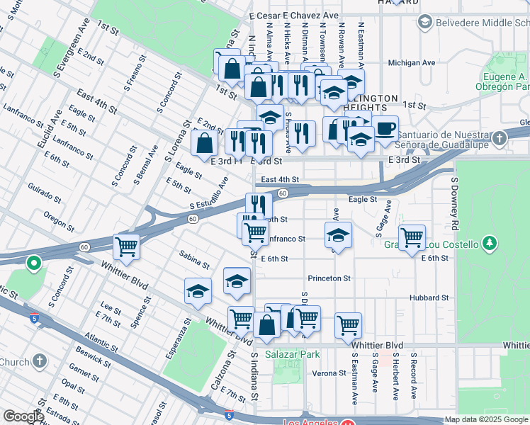 map of restaurants, bars, coffee shops, grocery stores, and more near 3641 East 5th Street in Los Angeles