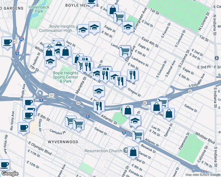 map of restaurants, bars, coffee shops, grocery stores, and more near in Los Angeles