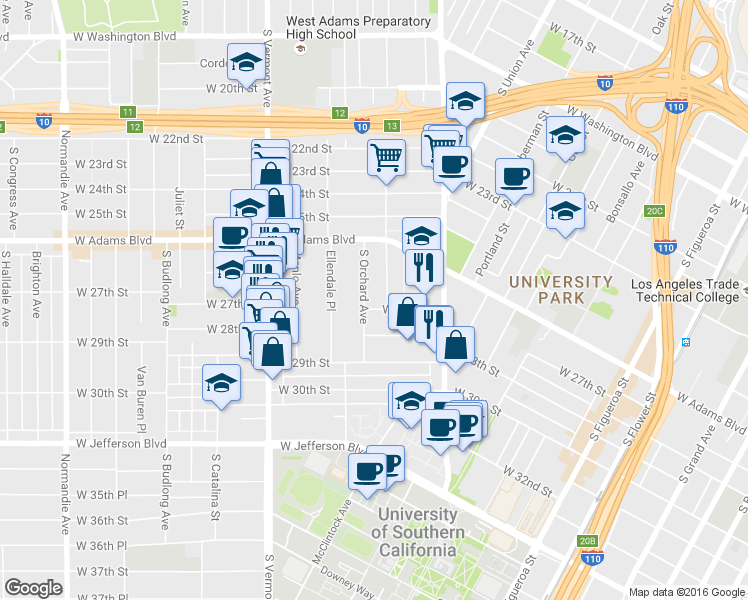 map of restaurants, bars, coffee shops, grocery stores, and more near in Los Angeles