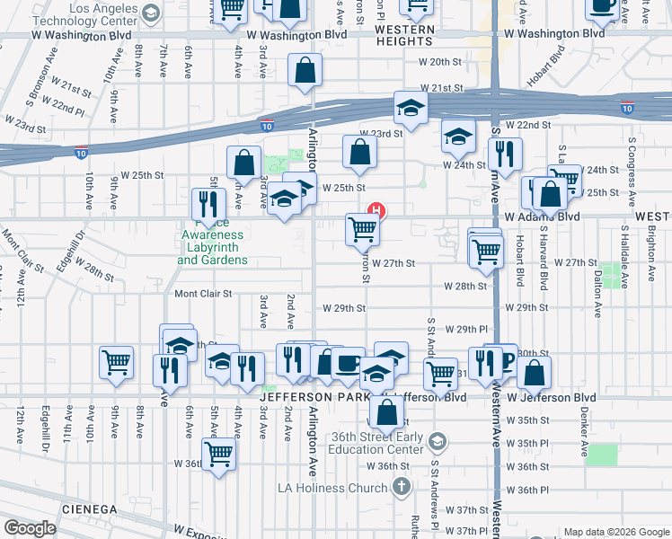 map of restaurants, bars, coffee shops, grocery stores, and more near 2272 West 27th Street in Los Angeles
