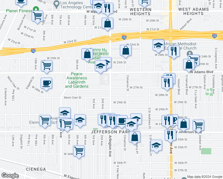 map of restaurants, bars, coffee shops, grocery stores, and more near 2272 West 27th Street in Los Angeles