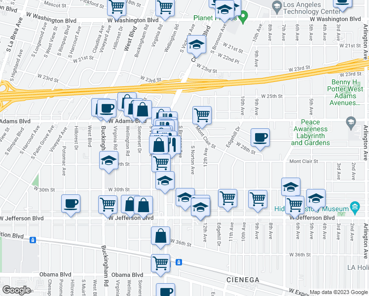 map of restaurants, bars, coffee shops, grocery stores, and more near 2822 South Bronson Avenue in Los Angeles