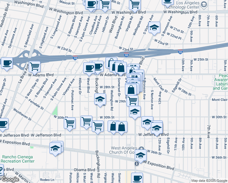 map of restaurants, bars, coffee shops, grocery stores, and more near 2822 1/2 Wellington Road in Los Angeles