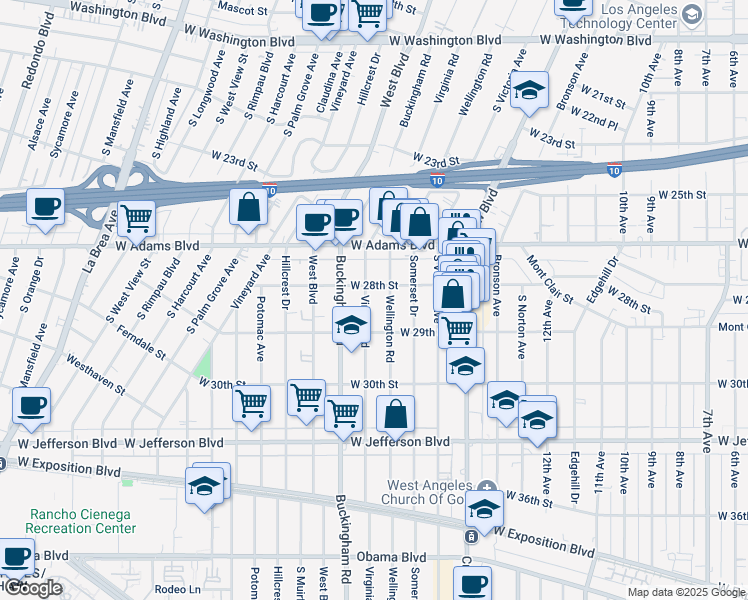 map of restaurants, bars, coffee shops, grocery stores, and more near 2821 Virginia Road in Los Angeles