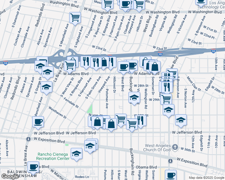 map of restaurants, bars, coffee shops, grocery stores, and more near 2818 Hillcrest Drive in Los Angeles