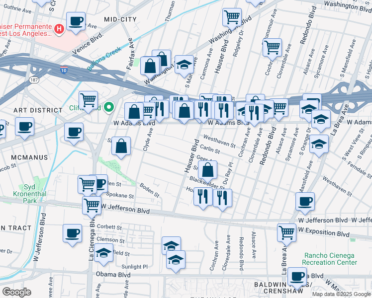 map of restaurants, bars, coffee shops, grocery stores, and more near 5503 Geer Avenue in Los Angeles