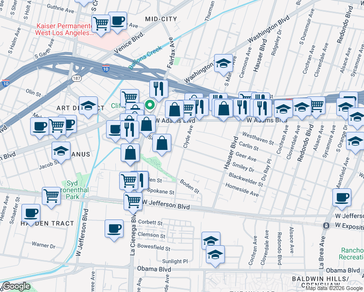 map of restaurants, bars, coffee shops, grocery stores, and more near 2701 Clyde Avenue in Los Angeles
