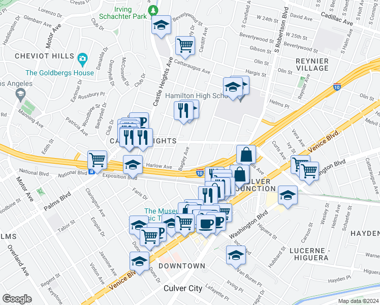 map of restaurants, bars, coffee shops, grocery stores, and more near 3325 Bagley Avenue in Los Angeles