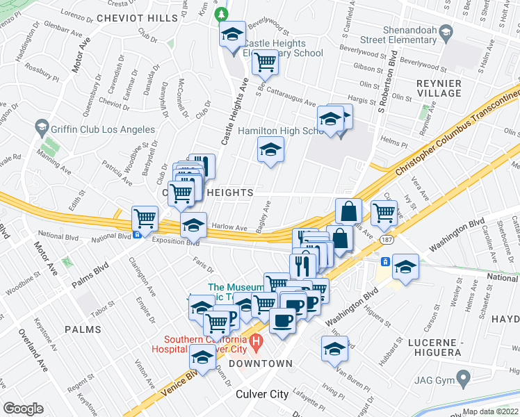 map of restaurants, bars, coffee shops, grocery stores, and more near 3325 Bagley Avenue in Los Angeles
