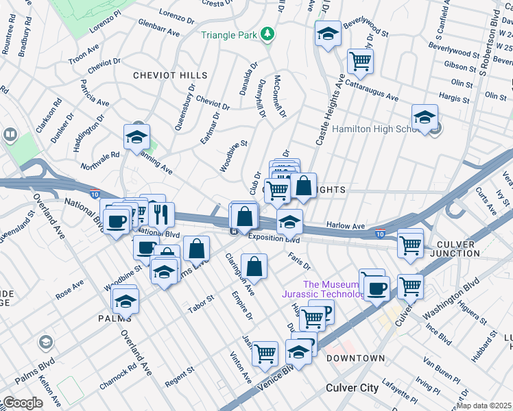 map of restaurants, bars, coffee shops, grocery stores, and more near 3431 Club Drive in Los Angeles
