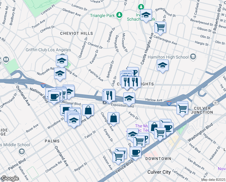 map of restaurants, bars, coffee shops, grocery stores, and more near 3431 Club Drive in Los Angeles
