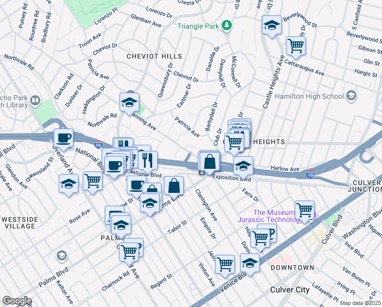 map of restaurants, bars, coffee shops, grocery stores, and more near 3375 Manning Avenue in Los Angeles