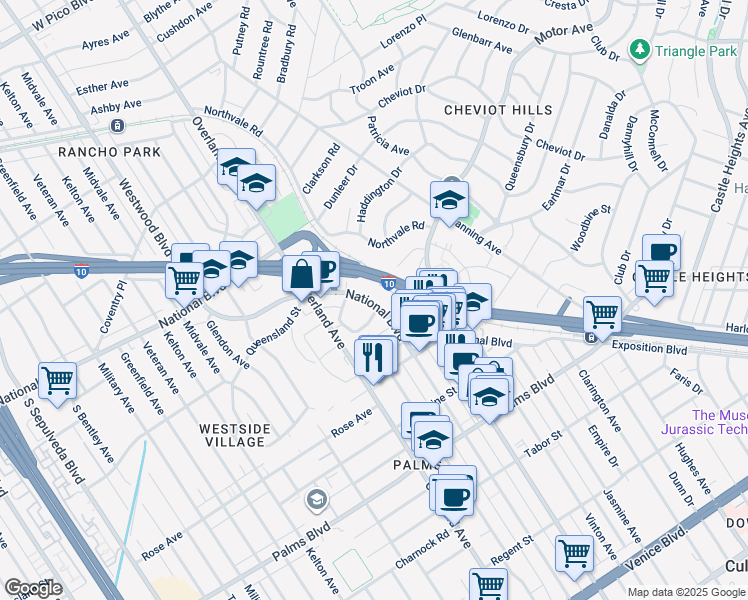map of restaurants, bars, coffee shops, grocery stores, and more near 10535 National Boulevard in Los Angeles
