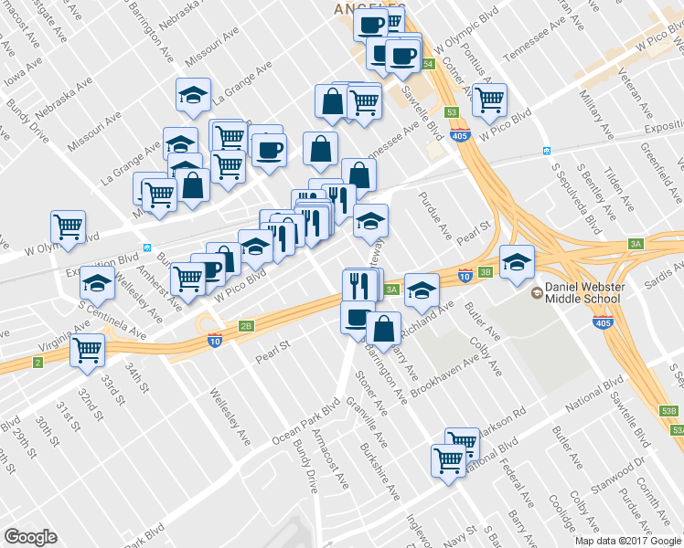 map of restaurants, bars, coffee shops, grocery stores, and more near 2450 South Barrington Avenue in Los Angeles