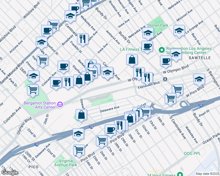 map of restaurants, bars, coffee shops, grocery stores, and more near 3000-3030 Olympic Boulevard in Santa Monica