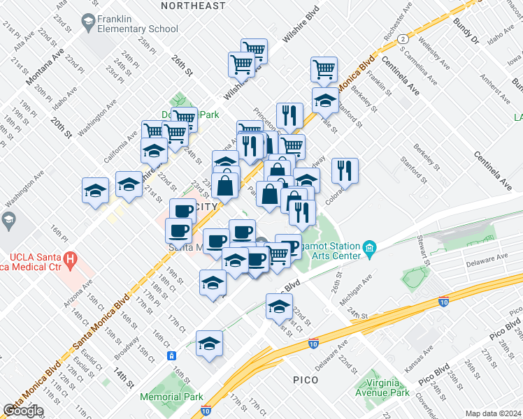 map of restaurants, bars, coffee shops, grocery stores, and more near 2462 Broadway in Santa Monica