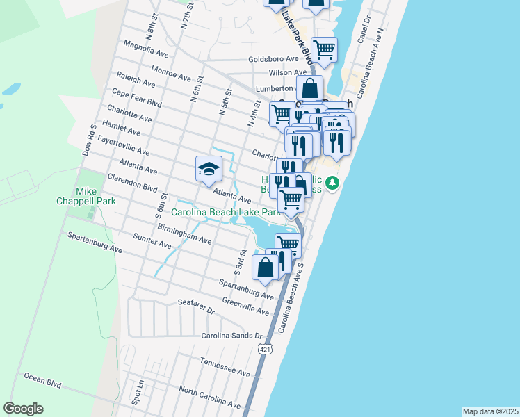 map of restaurants, bars, coffee shops, grocery stores, and more near 209 Atlanta Avenue in Carolina Beach