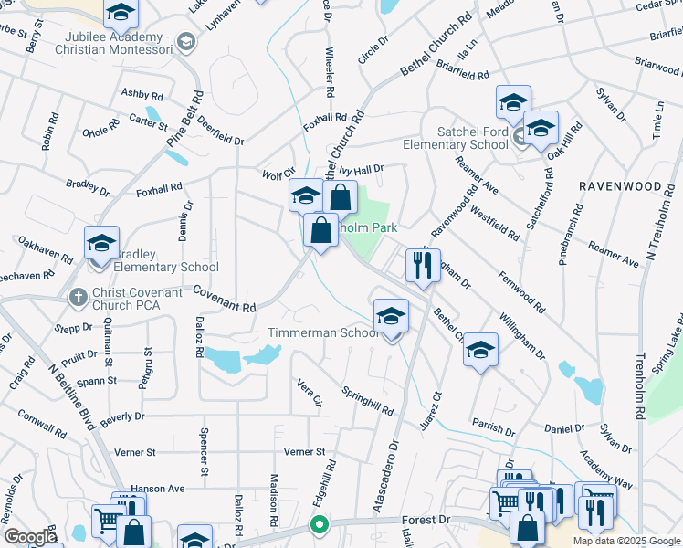 map of restaurants, bars, coffee shops, grocery stores, and more near 3724 Covenant Road in Columbia