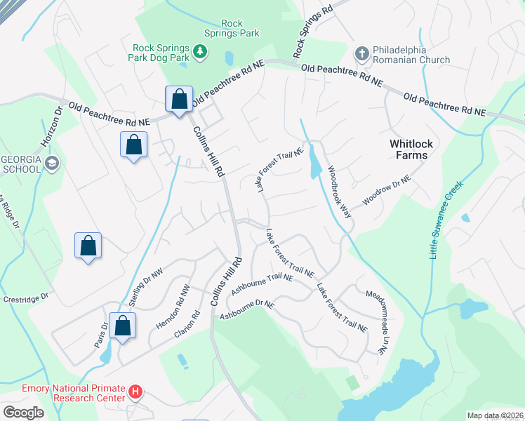 map of restaurants, bars, coffee shops, grocery stores, and more near 2618 Lake Forest Trail Northeast in Lawrenceville