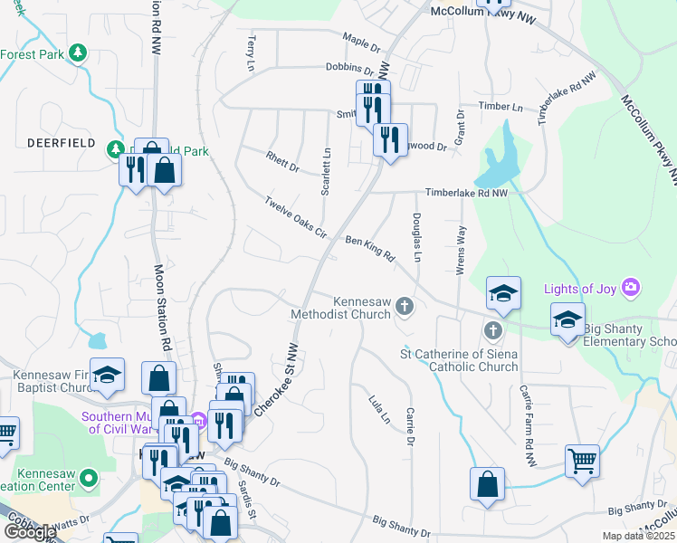map of restaurants, bars, coffee shops, grocery stores, and more near 3190 Duvall Place in Kennesaw