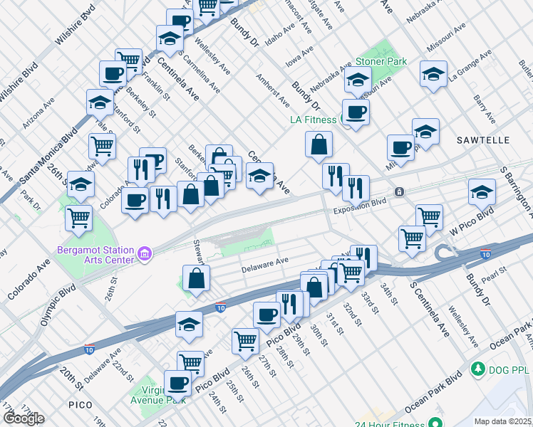 map of restaurants, bars, coffee shops, grocery stores, and more near 3030 Olympic Boulevard in Santa Monica