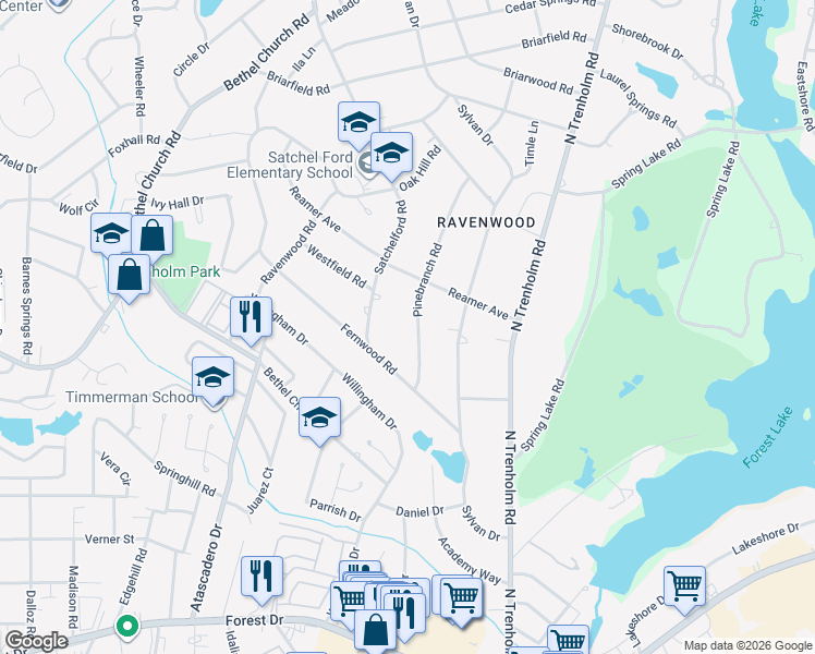 map of restaurants, bars, coffee shops, grocery stores, and more near 5647 Pinebranch Road in Columbia