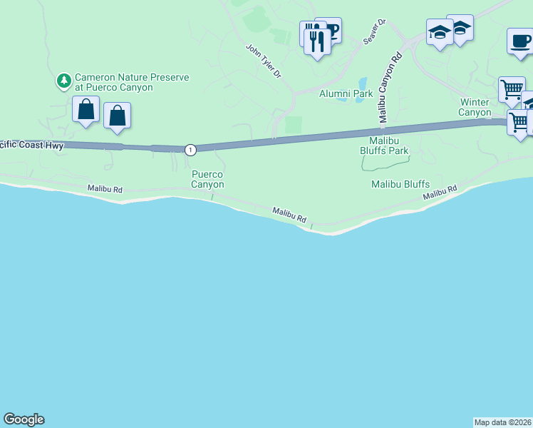 map of restaurants, bars, coffee shops, grocery stores, and more near 24534 Malibu Road in Malibu