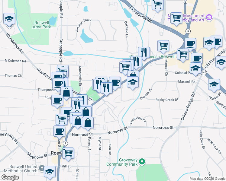 map of restaurants, bars, coffee shops, grocery stores, and more near 1167 Alpharetta Highway in Roswell