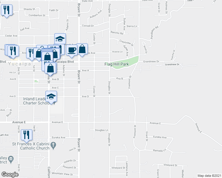 map of restaurants, bars, coffee shops, grocery stores, and more near 12291 Douglas Street in Yucaipa
