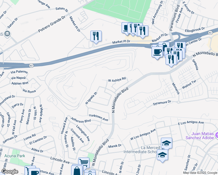 map of restaurants, bars, coffee shops, grocery stores, and more near 828 West Liberty Avenue in Montebello