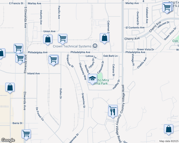 map of restaurants, bars, coffee shops, grocery stores, and more near 3271 Wishing Well Court in Jurupa Valley