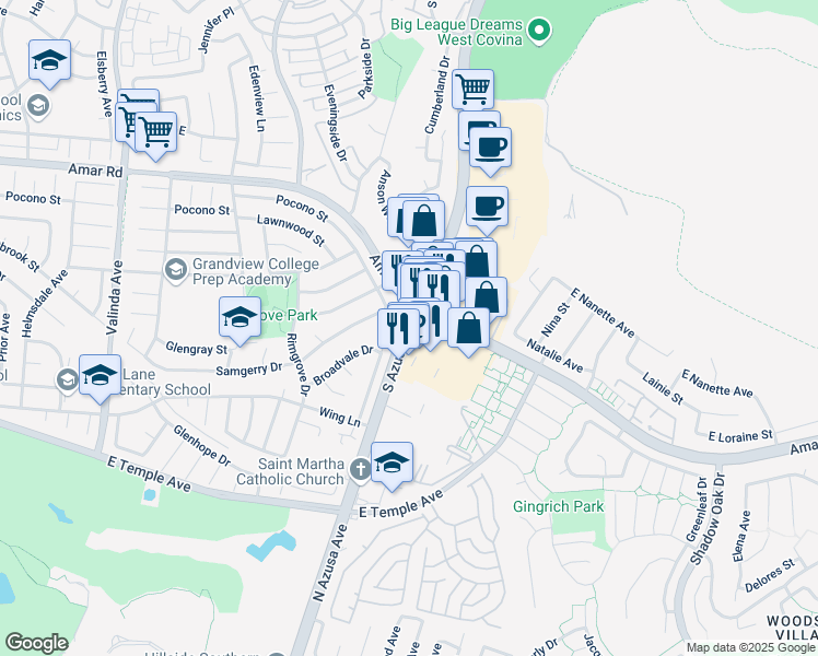 map of restaurants, bars, coffee shops, grocery stores, and more near 2520 South Azusa Avenue in West Covina