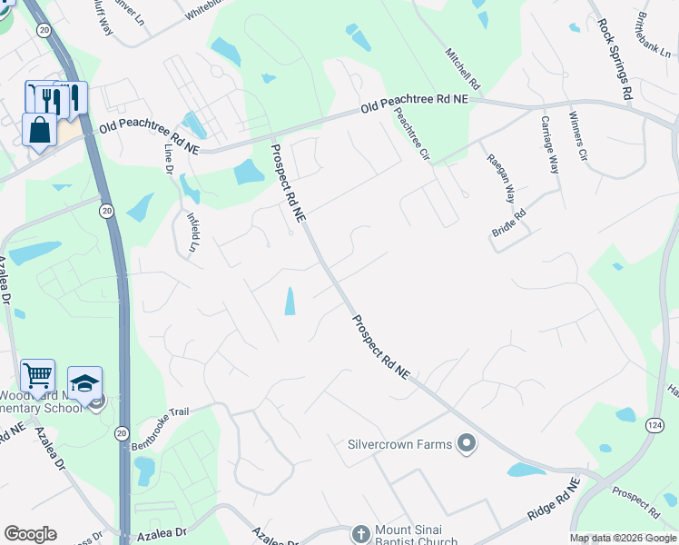 map of restaurants, bars, coffee shops, grocery stores, and more near 2041 Prospect Road in Lawrenceville