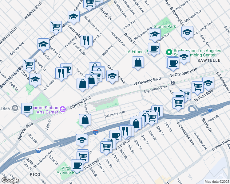 map of restaurants, bars, coffee shops, grocery stores, and more near 3030 Olympic Boulevard in Santa Monica