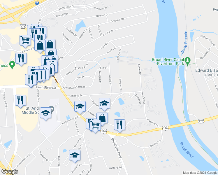 map of restaurants, bars, coffee shops, grocery stores, and more near 1421 Adella Street in Columbia